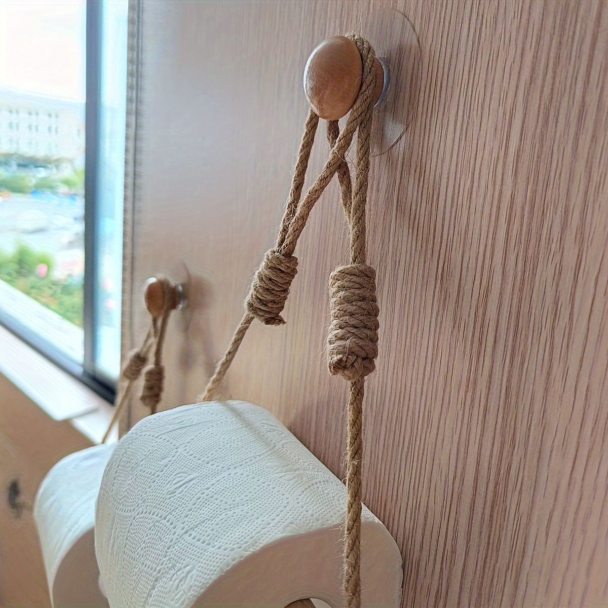 Rustic Toilet Paper Holder – Macramé Rope and Wooden Stick for Bathroom