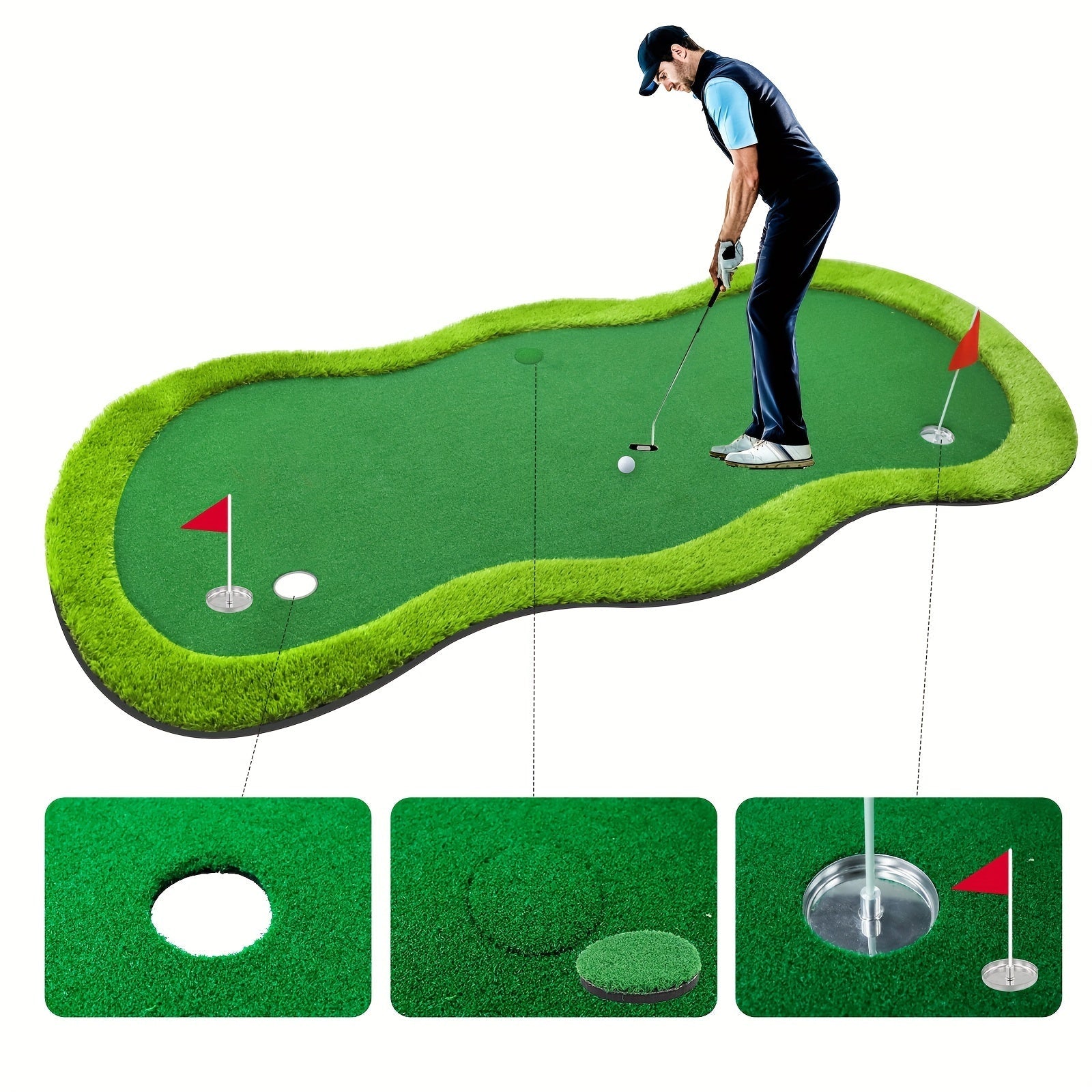 Large Golf Putting Mat 152×305 cm | Indoor/Outdoor Golf Mat | 3 Holes with Flags & Cups for Practice