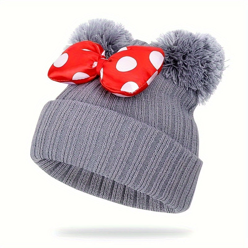 Sanne Cute Minnie Hat for Children - Knitted Beanie with Bow and Pom Poms