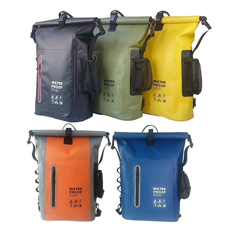 Waterproof 25L Roll-Top Rucksack with Multiple Pockets, Sturdy Buckle Seal, and Mesh Side Pocket