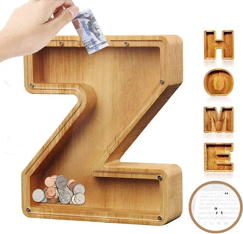 TreasureNest Coin Bank | Personalized wooden savings box in A-Z letter designs