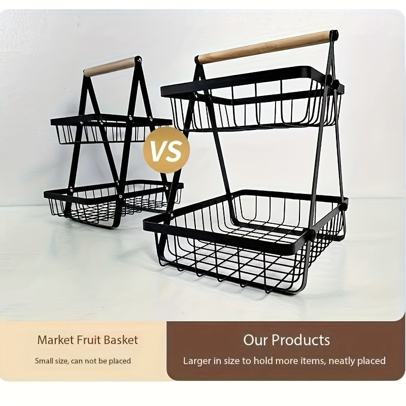 Two- and Three-Tier Storage Basket with Wooden Handle - Stylish Solution for Kitchen and Bathroom