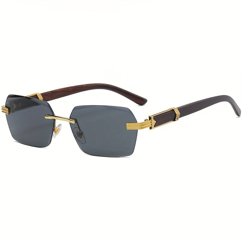 Rimless Sunglasses with Rectangular Lenses and Wooden Temples – Verro