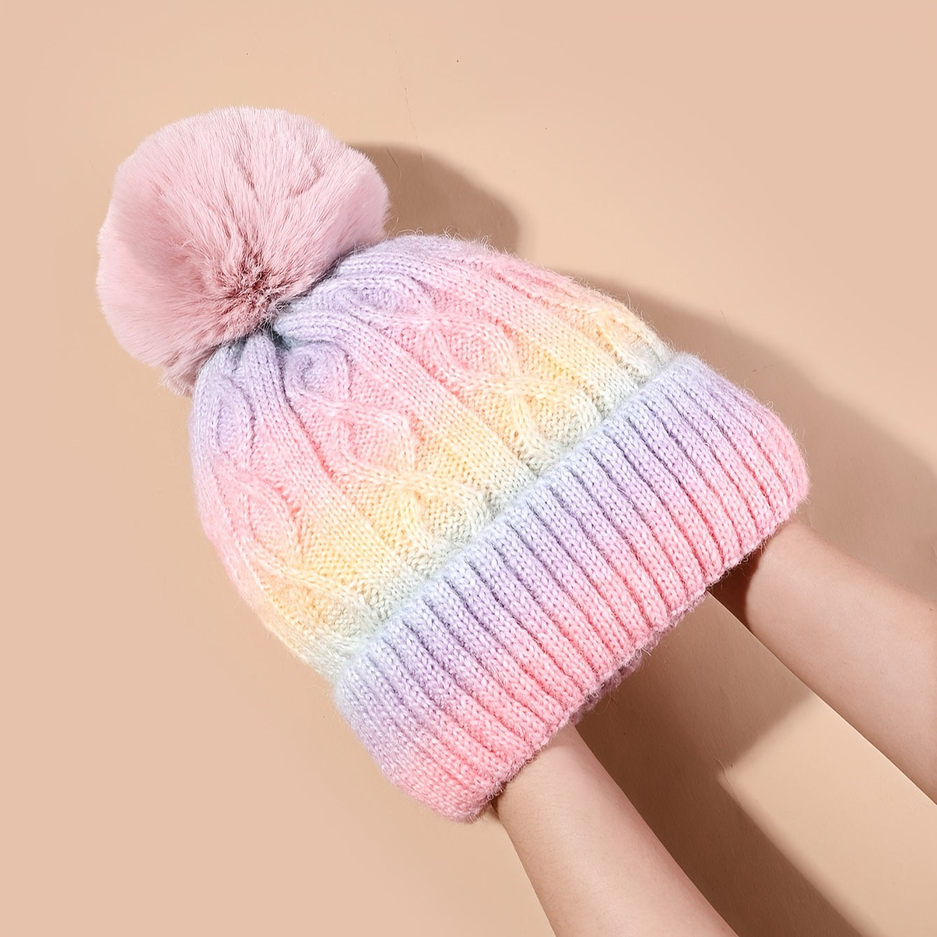 Lana Rainbow Beanie for Girls - Knitted Hat with Pom Pom and Thick Material for Winter