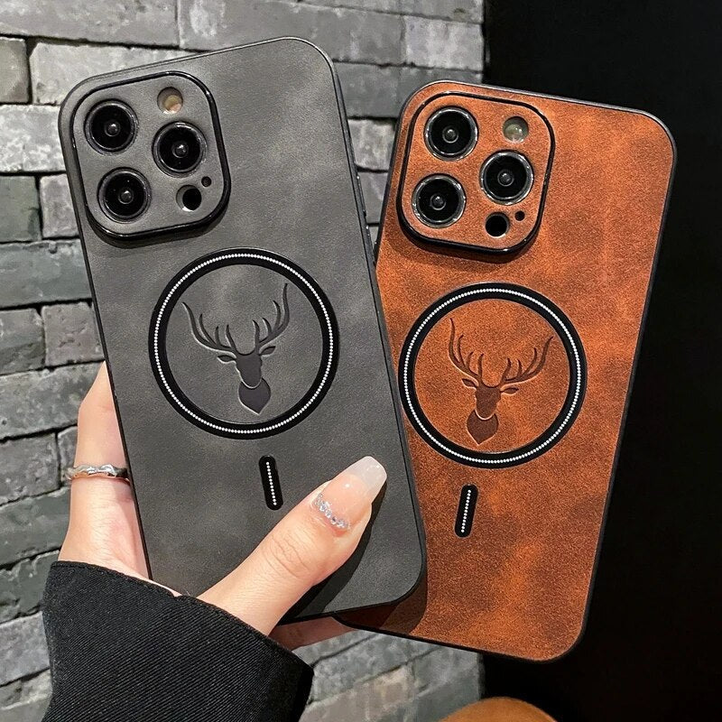 Luxury Deer Leather Apple iPhone Case | Magnetic Phone Cover, Wireless Case, MagSafe, Wireless Charging, Protective Case, Cover for iPhone 15, 14, 13 Pro Max Plus