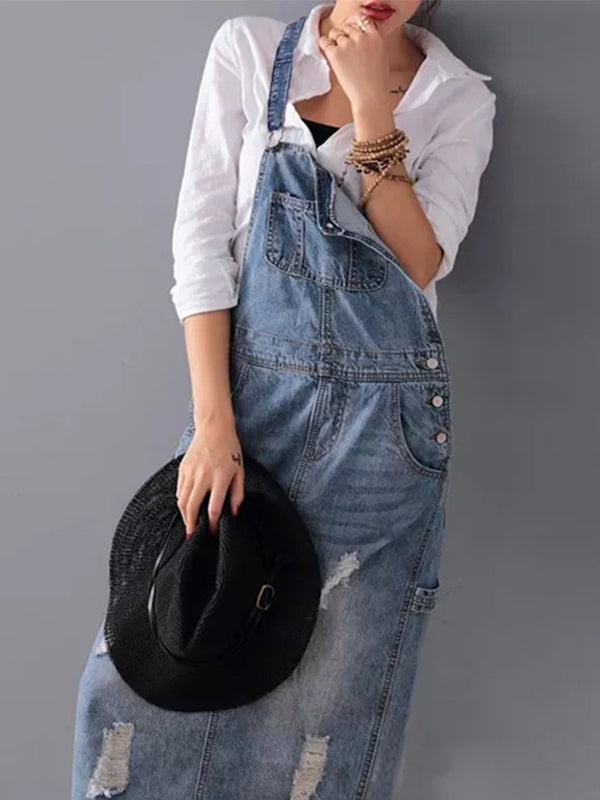Rugslit Worn Denim Dungaree Dress