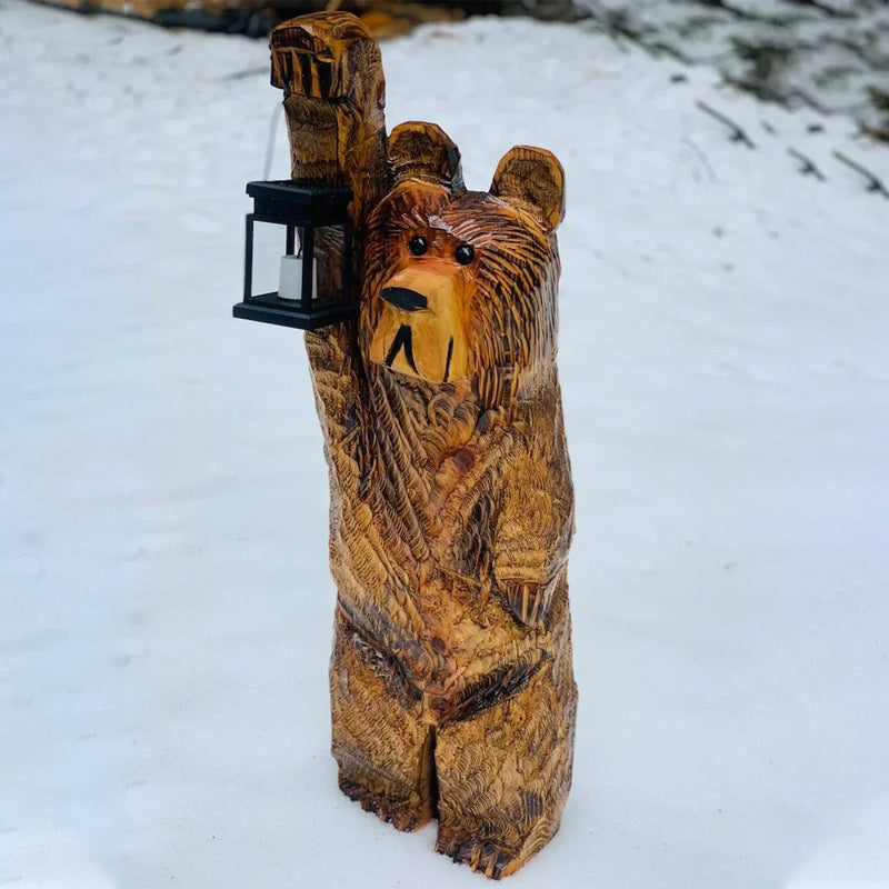 Cedar Carved Bear with Solar Lantern