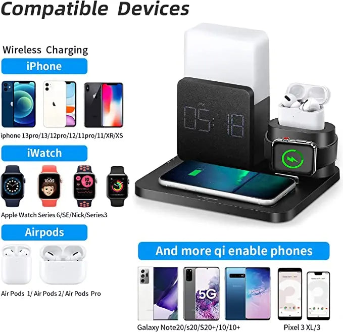 Multi-Functional Wireless Charging Station – Includes Lamp and Alarm Clock