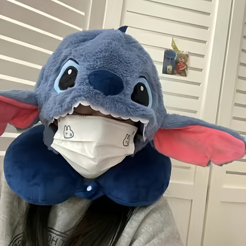 Plush Stitch Travel Neck Pillow with Hood - Comfortable U-Shaped Pillow with Ear Flaps