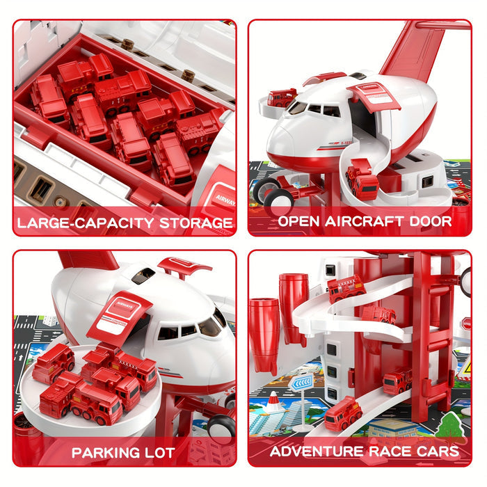 AdventurePlay Airplane and Fire Engine Set - Race Track and Garage Toy for Children