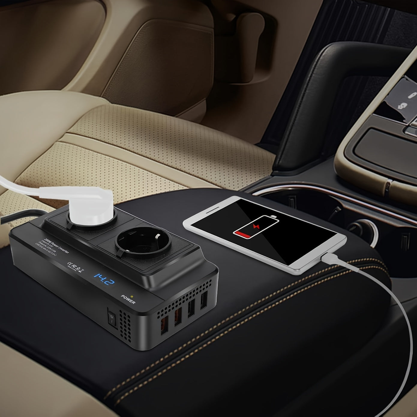 Compact 200W Car Inverter – Dual Sockets & Quad USB