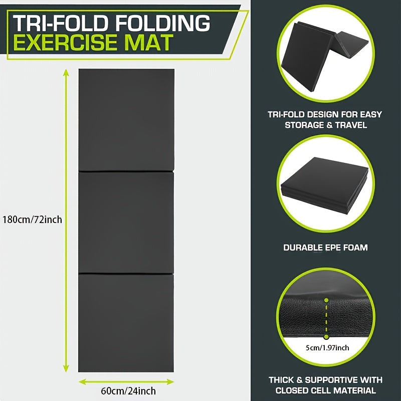 Portable tri-fold yoga mat with thick padding, non-slip PU surface, and handle