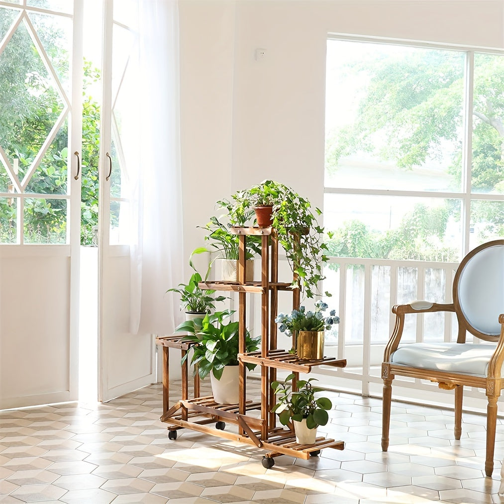 Robust 6-Tier Wooden Plant Stand – Carbonised Treatment