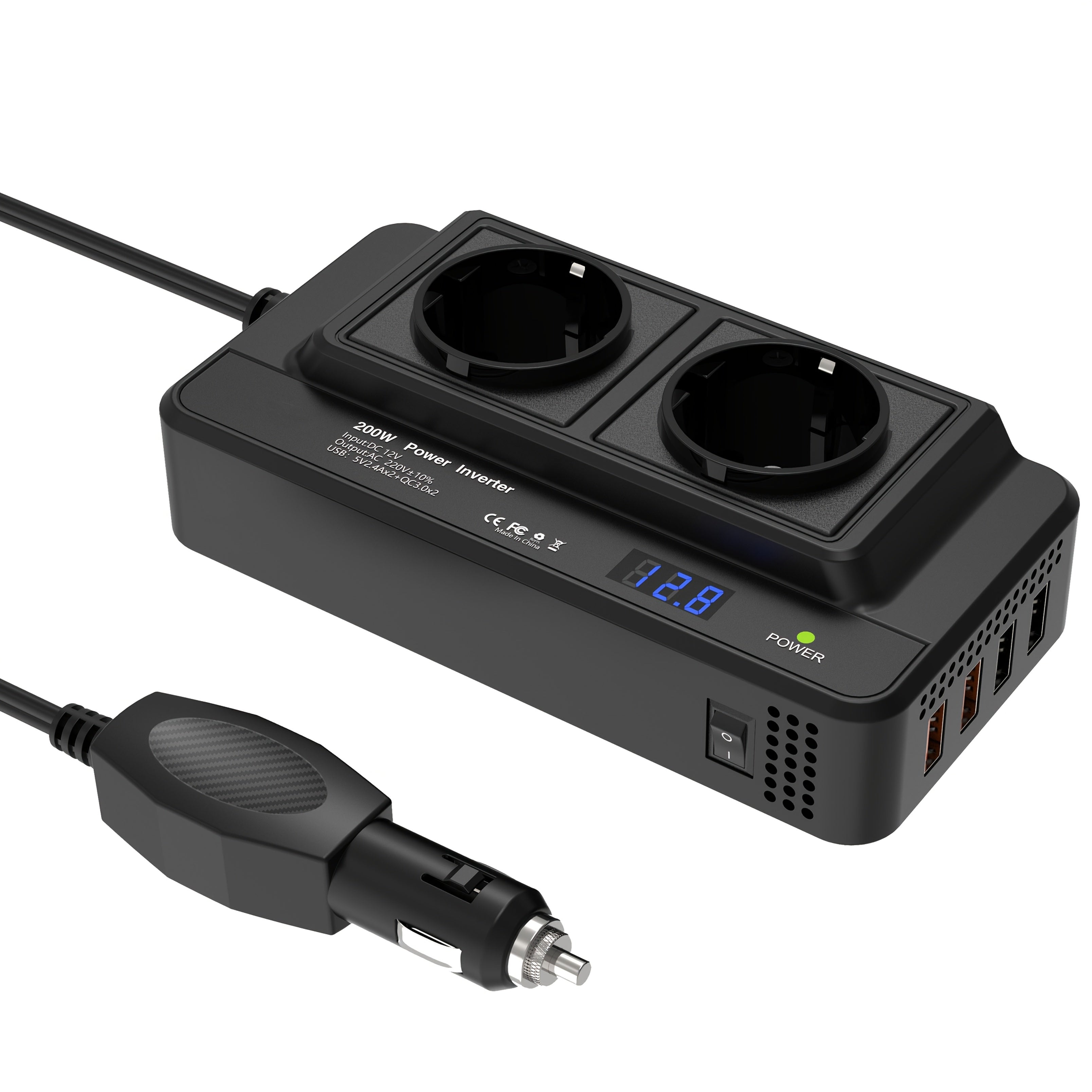 Compact 200W Car Inverter – Dual Sockets & Quad USB