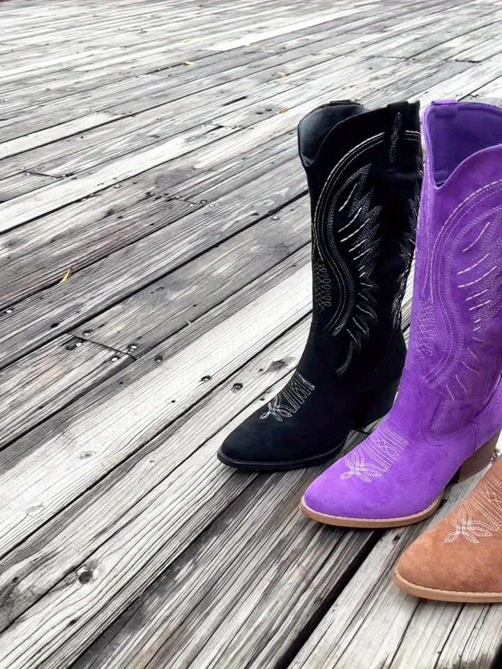 Ladies Embroidered Cowboy Boots with Pointed Toe and Mid-Heels