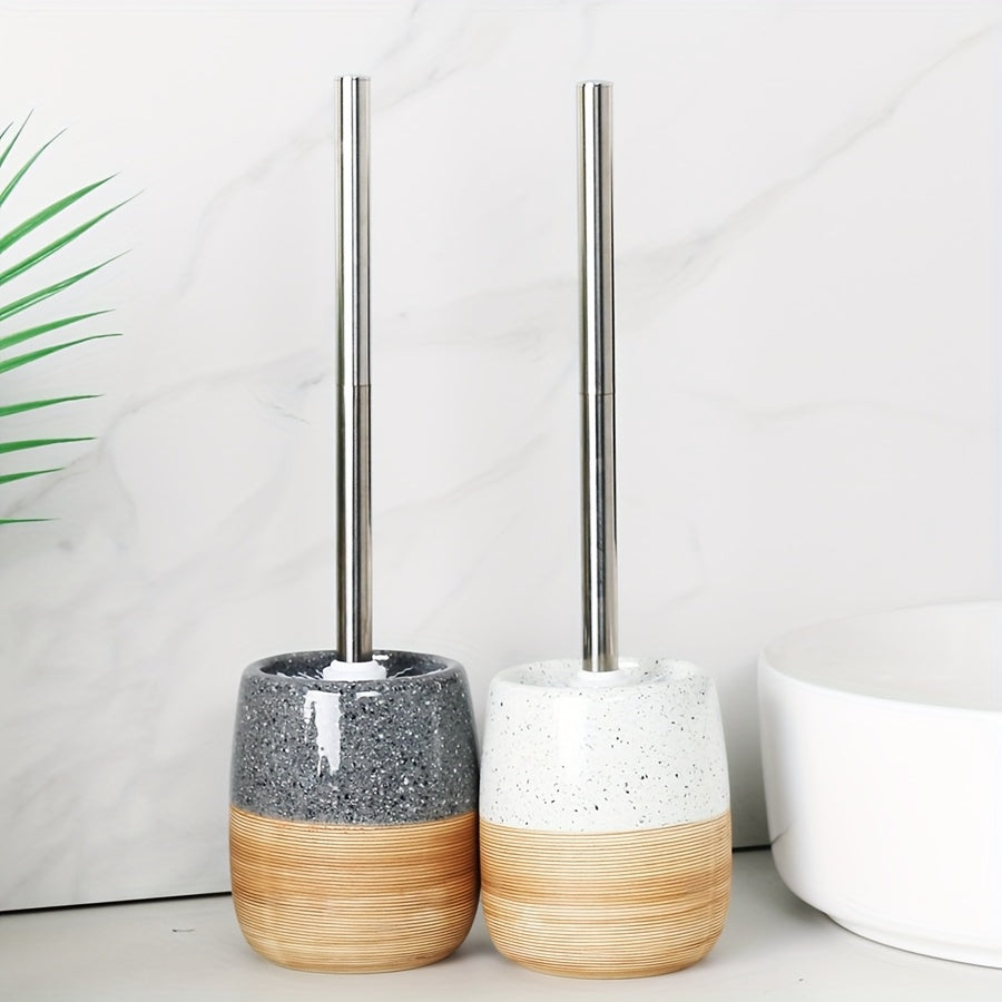 Elegant Ceramic Toilet Brush Set – Wood-Like Base and Stainless Steel Handle