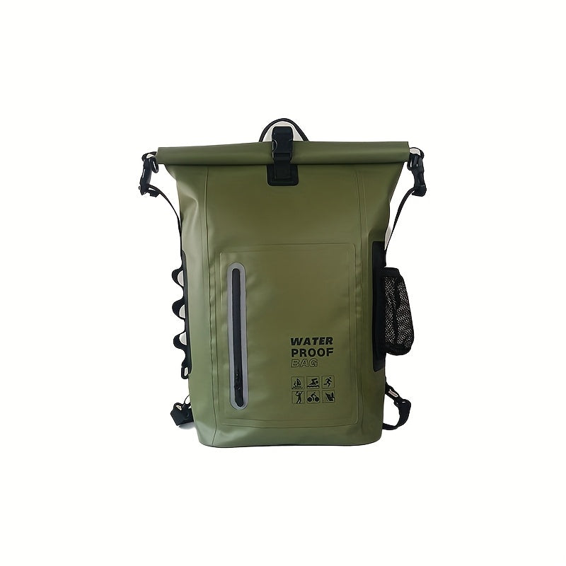 Waterproof 25L Roll-Top Rucksack with Multiple Pockets, Sturdy Buckle Seal, and Mesh Side Pocket