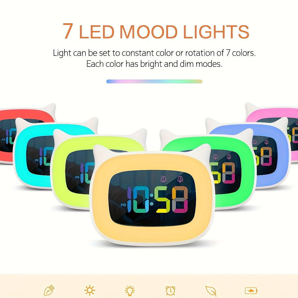 Cute Cat Ears Alarm Clock – RGB Night Light with 18 Melodies and USB Rechargeable