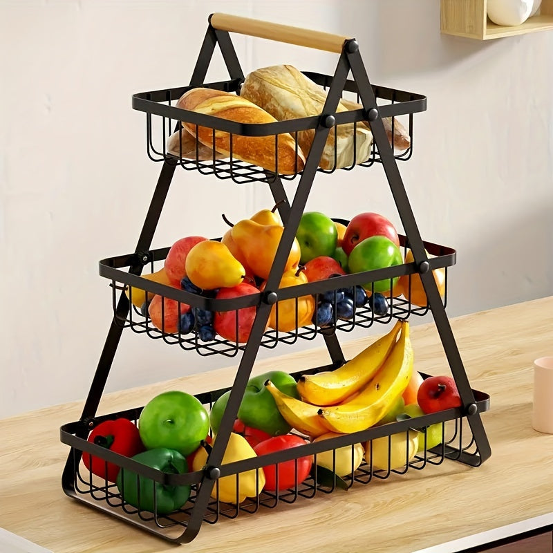 Two- and Three-Tier Storage Basket with Wooden Handle - Stylish Solution for Kitchen and Bathroom