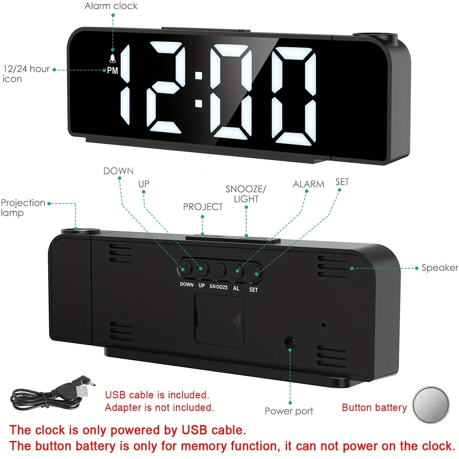 LED Projection Alarm Clock – Temperature and Date Display with USB Power