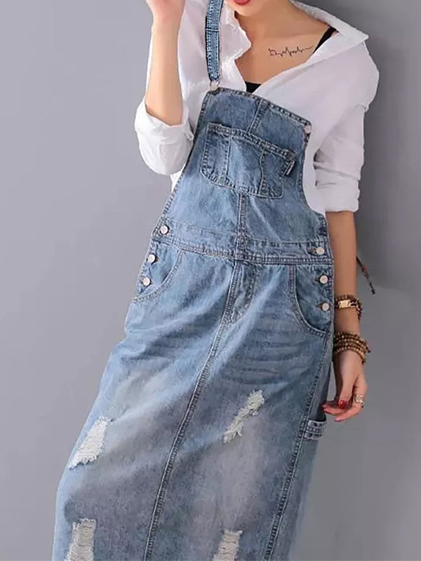 Rugslit Worn Denim Dungaree Dress