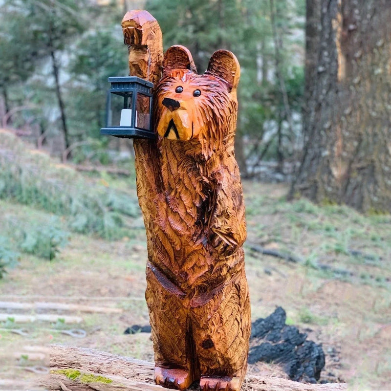 Cedar Carved Bear with Solar Lantern