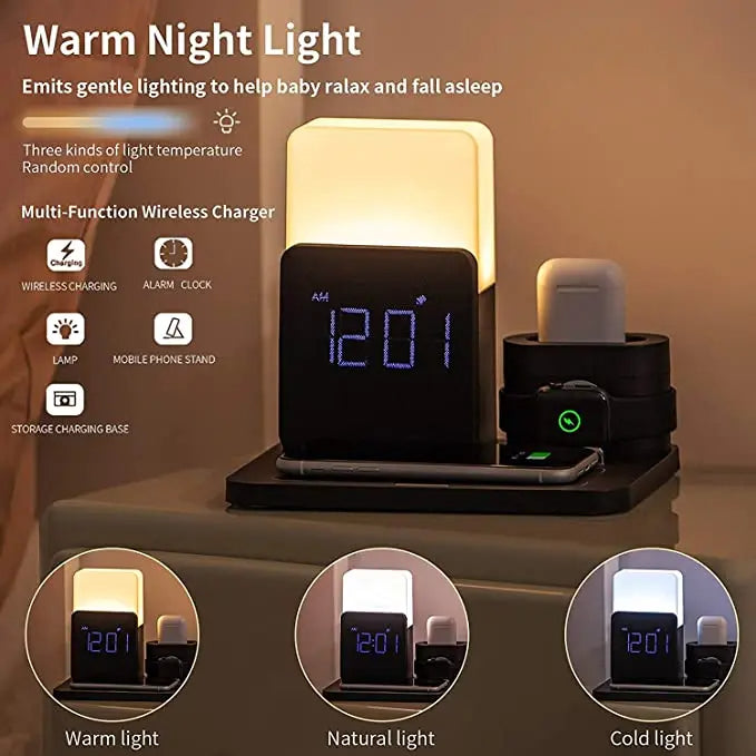Multi-Functional Wireless Charging Station – Includes Lamp and Alarm Clock