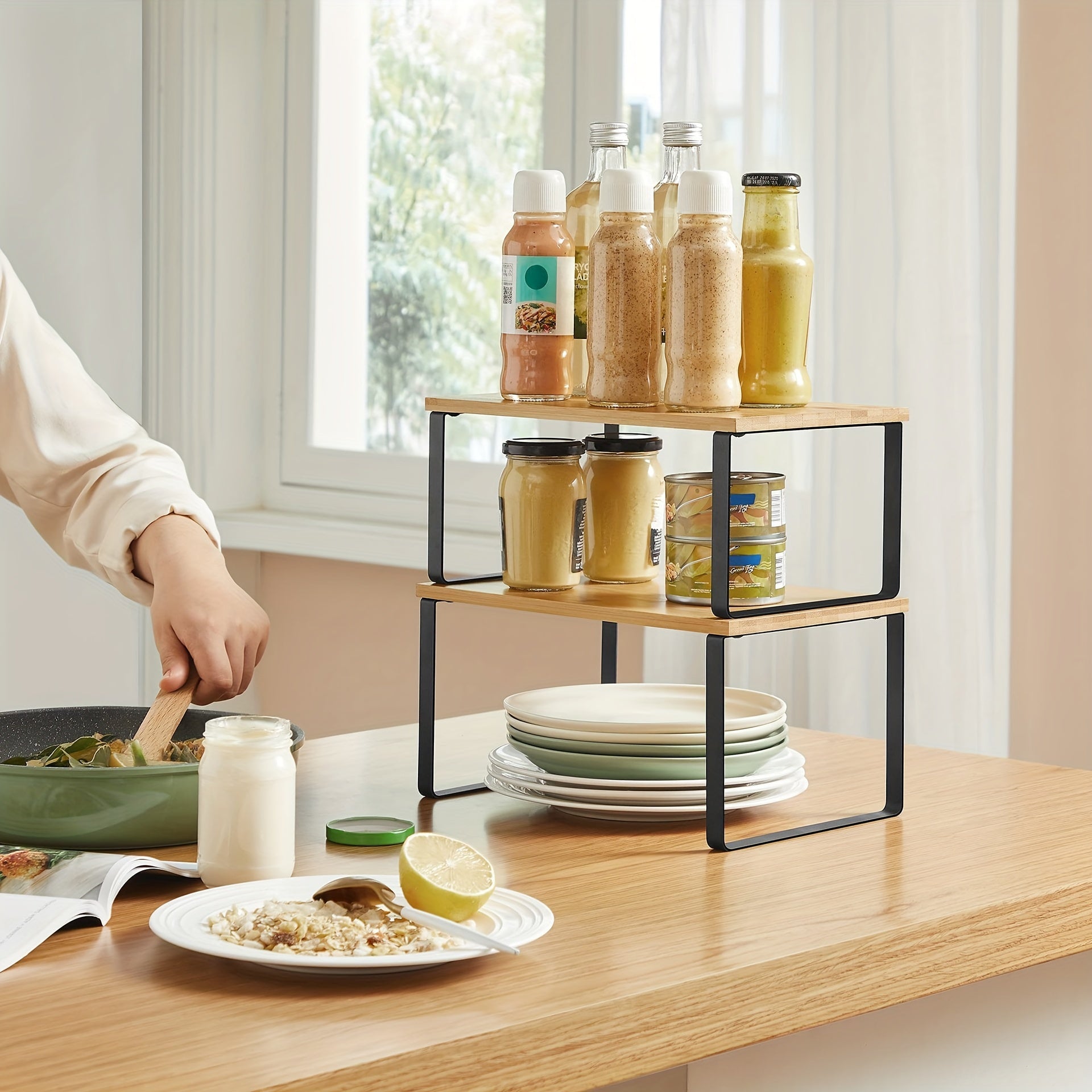 2-Piece Adjustable Bamboo Storage Racks – Stylish and Space-Saving for Cupboards or Worktops