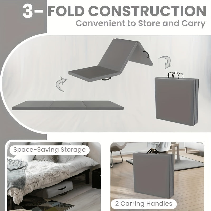 Portable tri-fold yoga mat with thick padding, non-slip PU surface, and handle