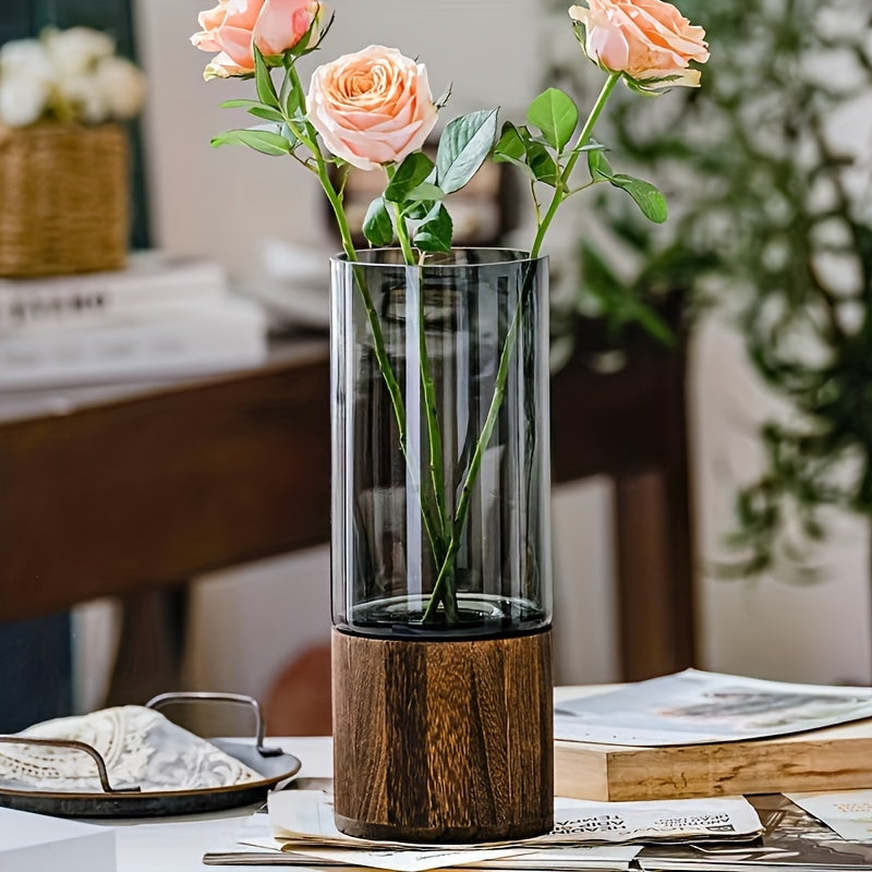 Luxury Glass Vase with Wooden Base - Elegant and Modern
