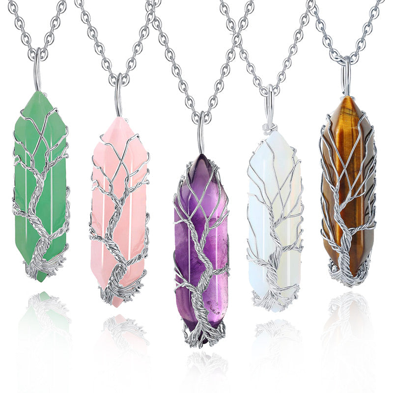Stylish Crystal and Tree of Life Gemstone Necklace – Elara