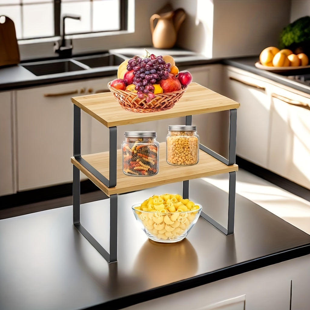 2-Piece Adjustable Bamboo Storage Racks – Stylish and Space-Saving for Cupboards or Worktops