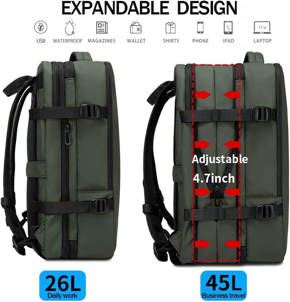 Expandable 26–45L Waterproof Travel Backpack with Laptop Compartment & Duffle Option