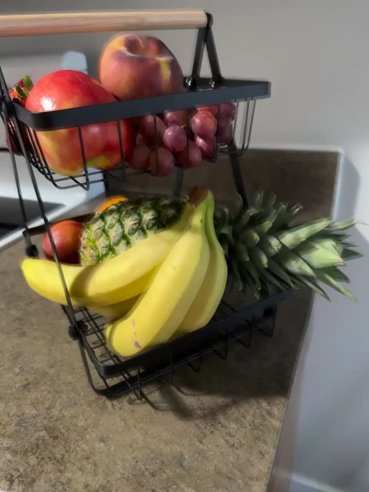 Two- and Three-Tier Storage Basket with Wooden Handle - Stylish Solution for Kitchen and Bathroom