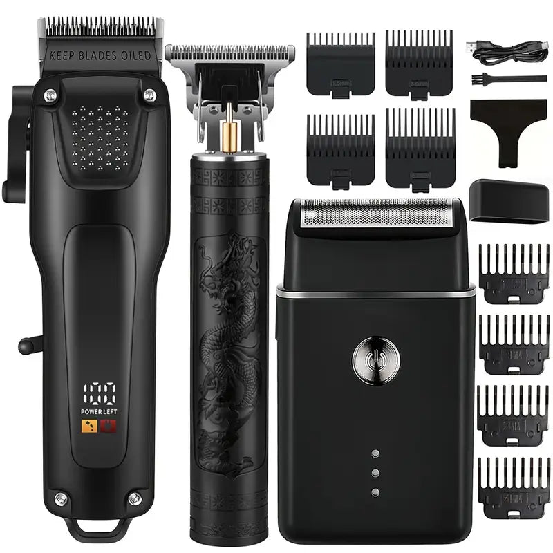GroomMaster - 3-Piece Professional Hair and Beard Grooming Set for Men, Wireless Trimmers with LED Display, USB Rechargeable