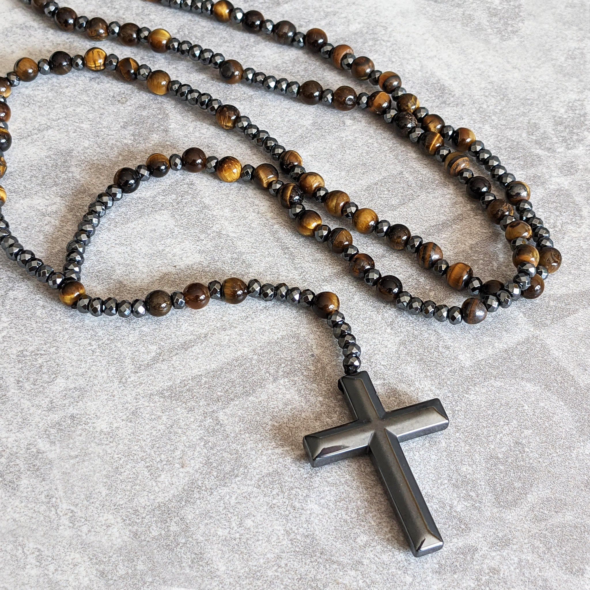 Tiger's Eye and Lapis Lazuli Cross Rosary Necklace for Men – Orion