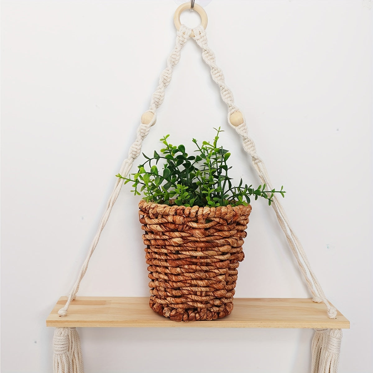 Boho Macramé Wall Shelf – Handmade Wooden Shelf with Rope Design for a Cozy Interior