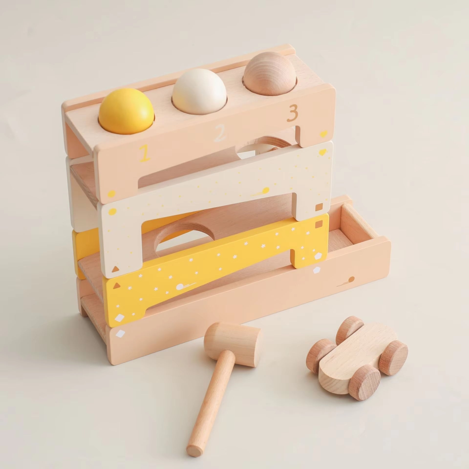 Wooden Ball Track with Hammer and Car – Play Push