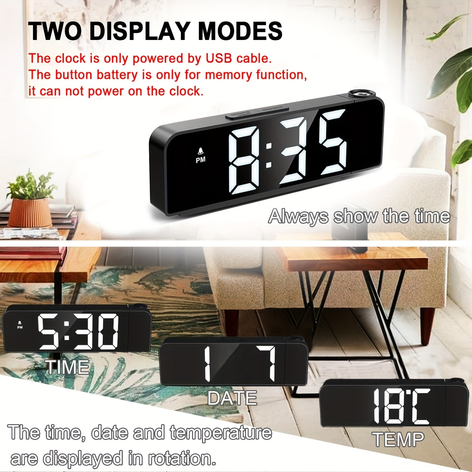 LED Projection Alarm Clock – Temperature and Date Display with USB Power