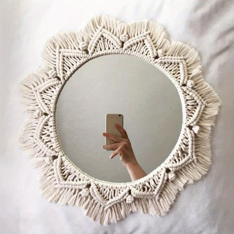 Boho Chic Wall Mirror – Round Mirror with Macramé Fringes for a Stylish Living Space