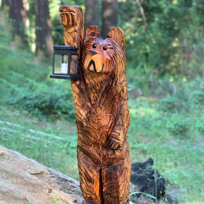 Cedar Carved Bear with Solar Lantern