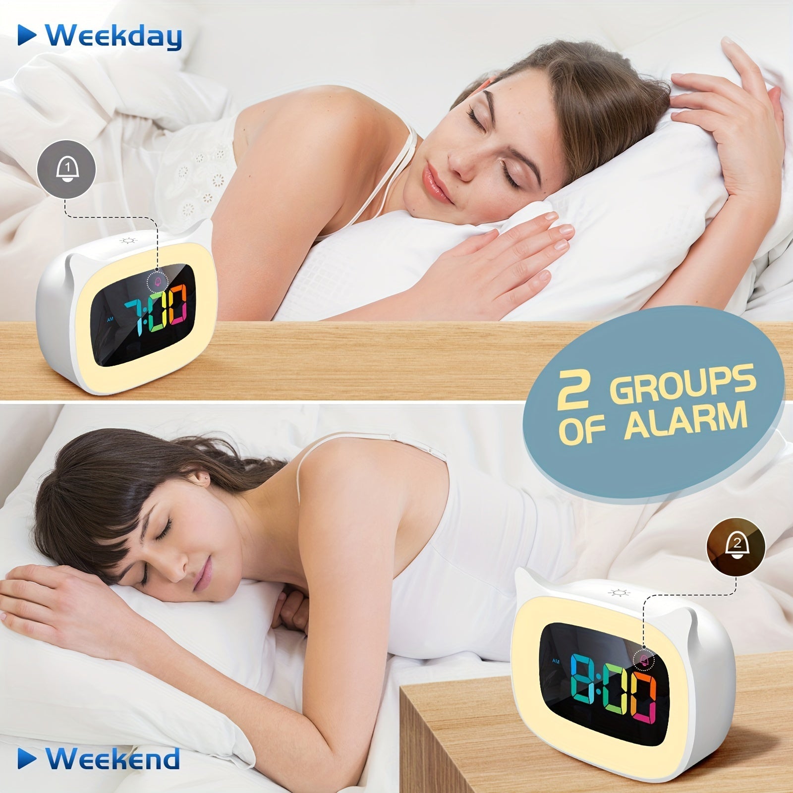 Cute Cat Ears Alarm Clock – RGB Night Light with 18 Melodies and USB Rechargeable