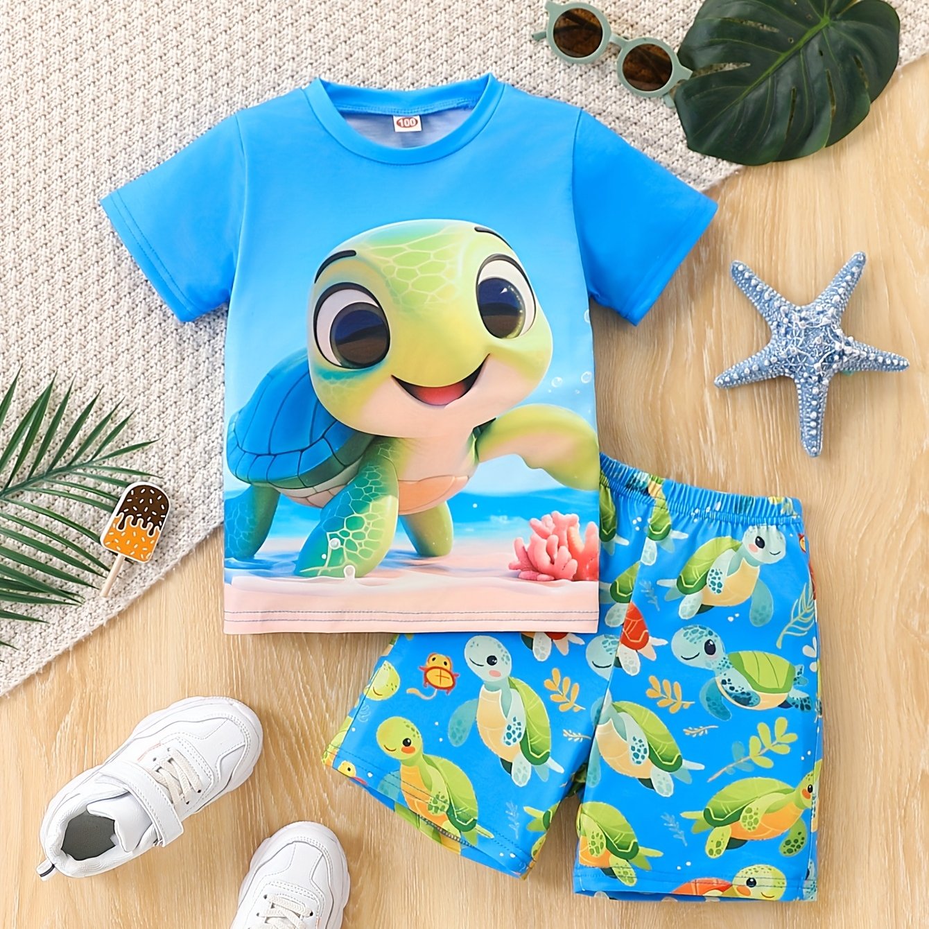 Turtle Print Summer Set – Casual T-Shirt and Shorts for Boys