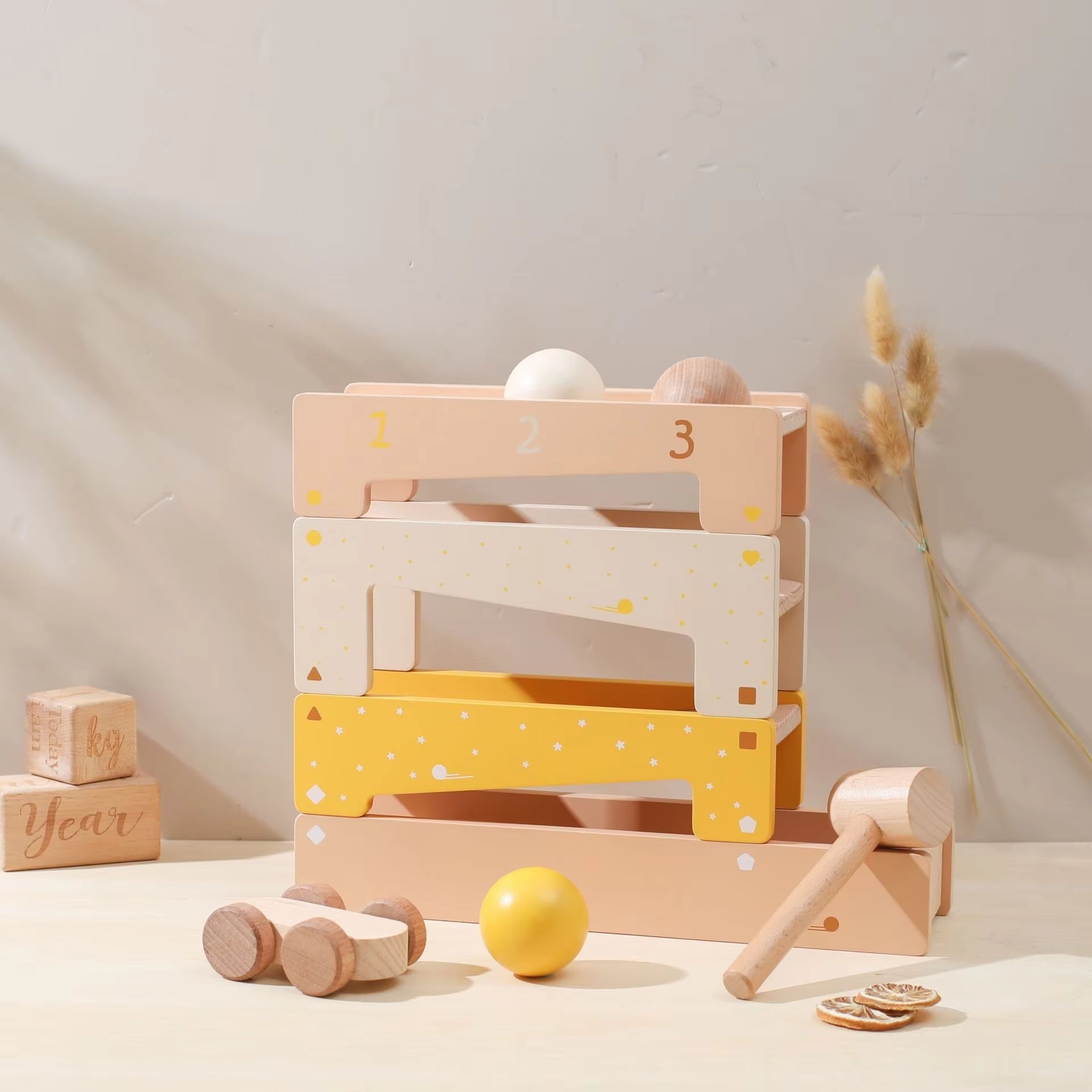 Wooden Ball Track with Hammer and Car – Play Push