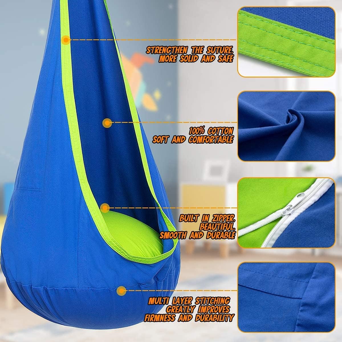 Children's Hanging Chair with Air Cushion for Indoors & Outdoors