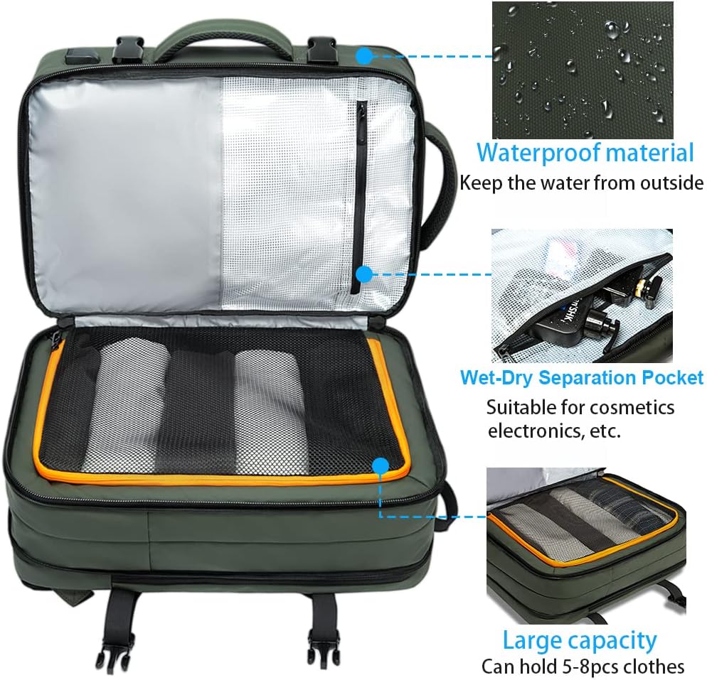 Expandable 26–45L Waterproof Travel Backpack with Laptop Compartment & Duffle Option