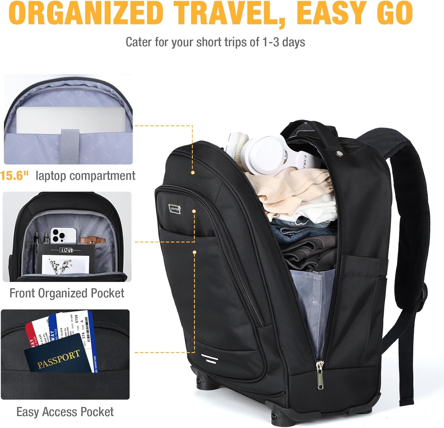 30L Rolling Backpack for Laptops with 4 Spinner Wheels and Water-Resistant Design