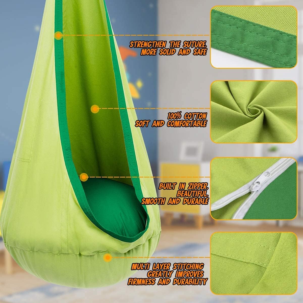 Children's Hanging Chair with Air Cushion for Indoors & Outdoors