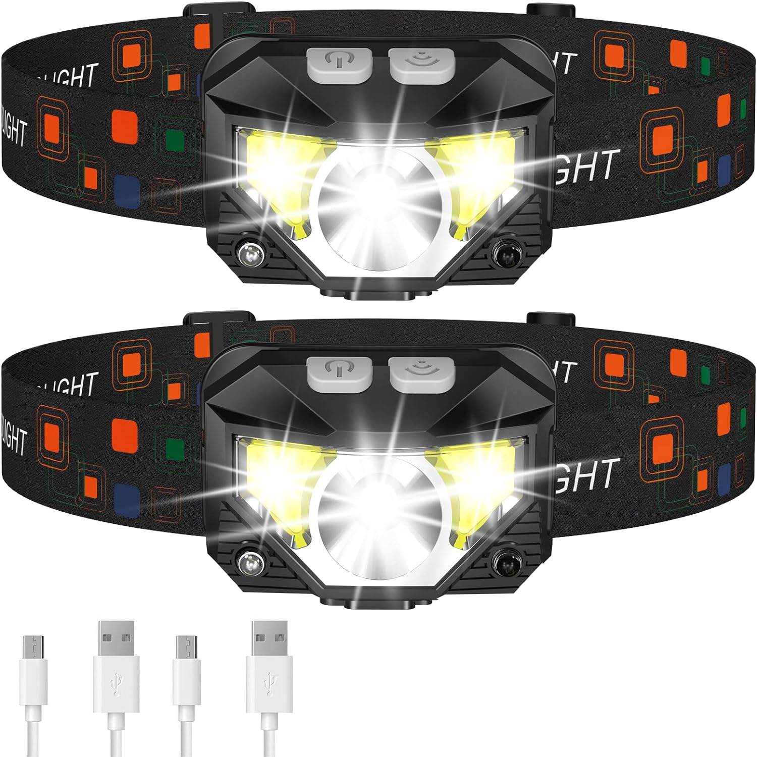 2-Pack Ultra-Bright Rechargeable LED Headlamp Waterproof with Motion Sensor