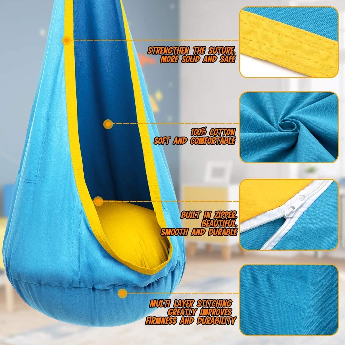 Children's Hanging Chair with Air Cushion for Indoors & Outdoors